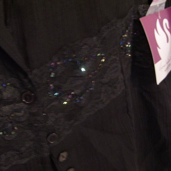 Gloria Vanderbilt Rich Black Sheer Blouse Set With Camisole Accent Bling Beads - Picture 5 of 10
